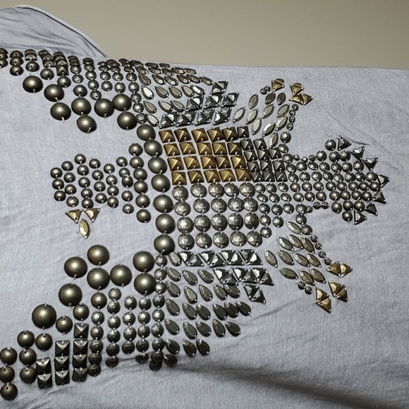 Double D Ranch Large Gray Studded Aztec Eagle short Sleeve tee shirt with Fringe - Picture 3 of 9